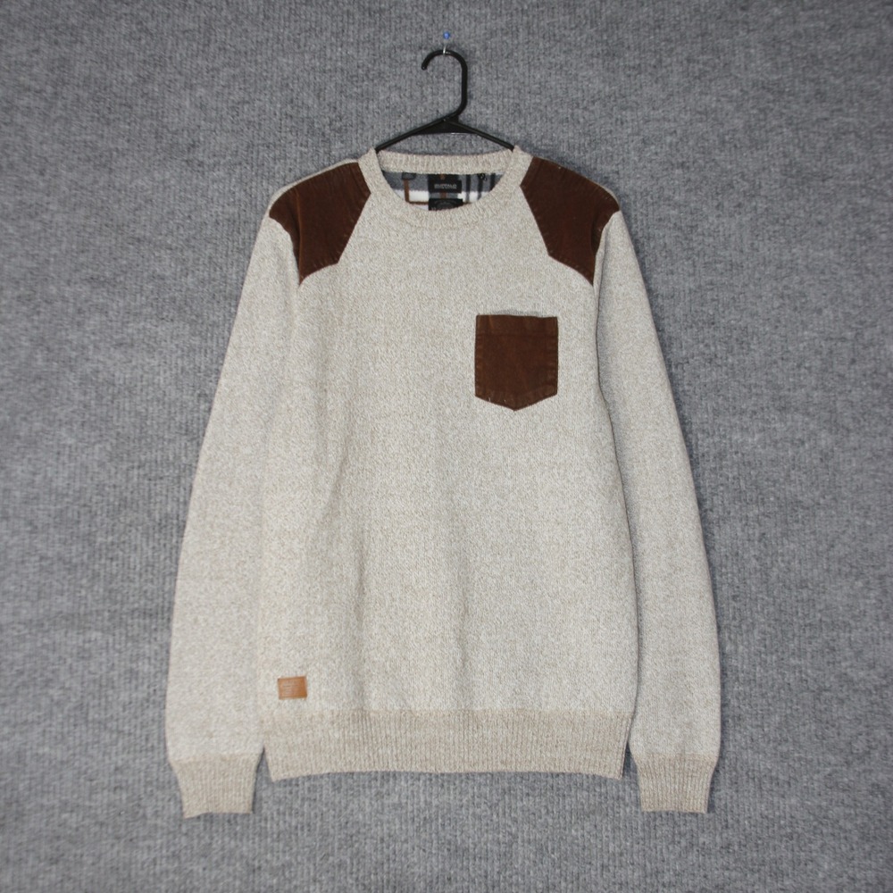 Buffalo David Bitton Sweater Mens L Tan Crewneck Corduroy Patches WIDLANI